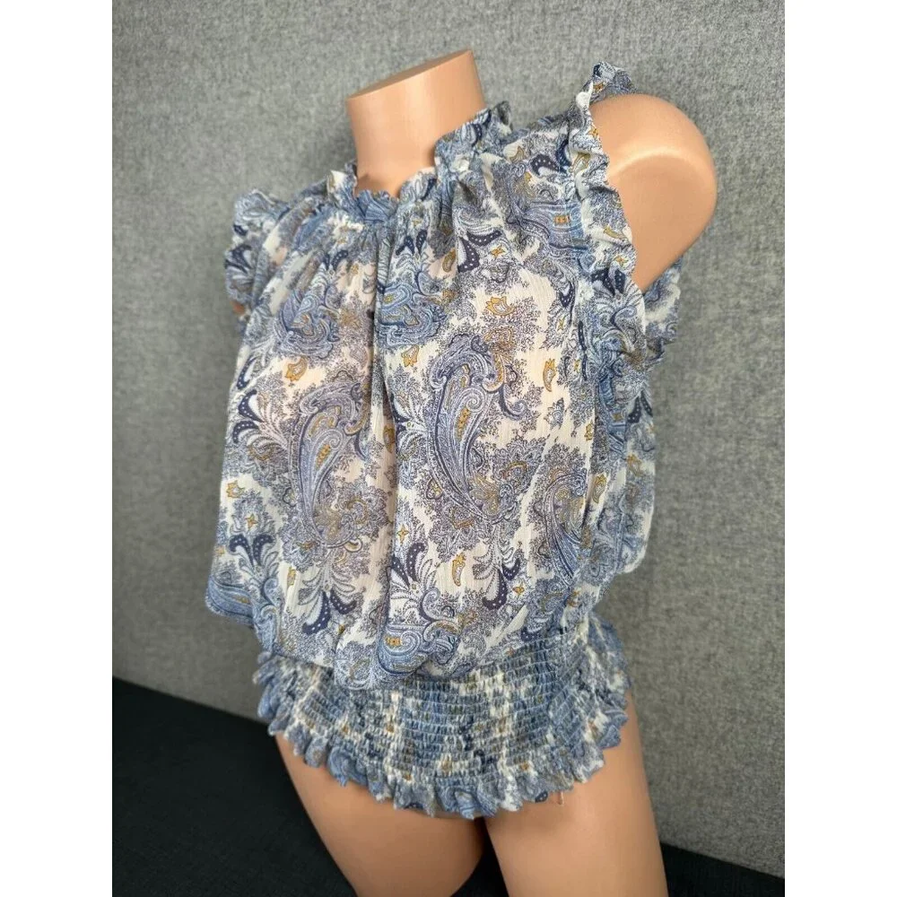 Maison D'Amelie Medium Top Floral Flowy Ruffled Blue Cinch Waist Sleeveless